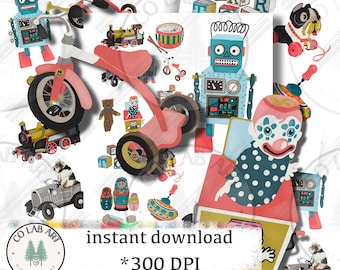Vintage toys,  collage sheets, 34 hand drawn images, ATCs, ACEOs, stickers