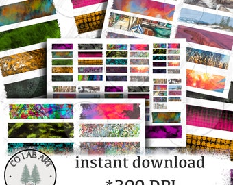 Washi tape, 91 hand drawn images, ATCs, ACEOs, stickers, grunge, swirls, watercolor, sunset, purple, green, trees, pond, pink, summer