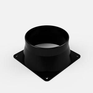May include: A black metal duct flange featuring a circular opening centred on a square base plate. The base plate includes four small mounting holes, one located at each corner, designed for secure attachment to a flat surface or wall.