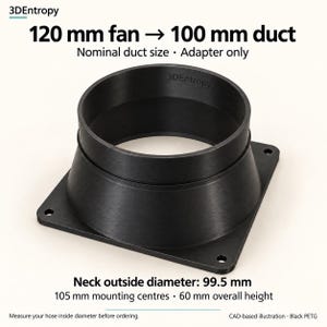 May include: A black 3DEntropy adapter for a 120 mm fan to a 100 mm duct. The component features a square base with four mounting holes, a circular neck with a 99.5 mm outside diameter, 105 mm mounting centres, and a total height of 60 mm.