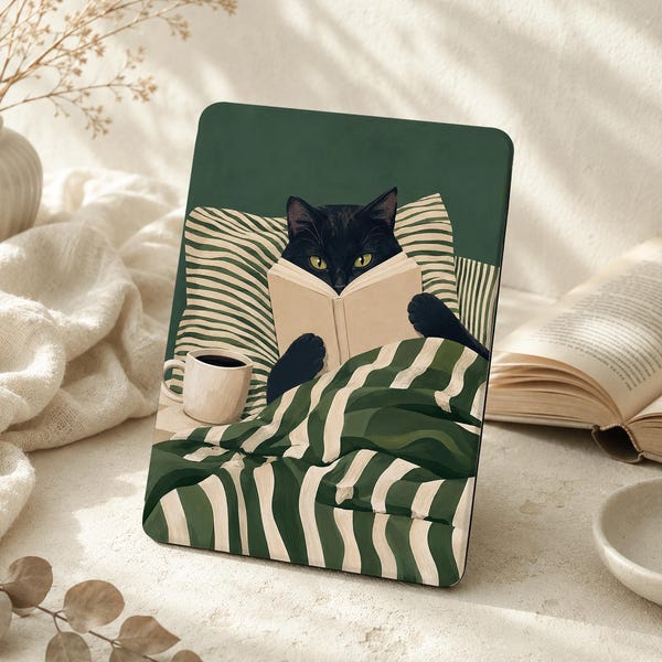 Black Cat Reading Kindle Case with Hand Strap, Paperwhite 11/12th/SG 6.8" 7" Case, Kobo Clara Case, Custom Magnetic Case Auto Sleep/Wake
