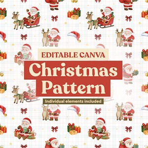 May include: A digital Christmas pattern featuring watercolour illustrations of Santa Claus, reindeer, gift boxes, red bows, and Santa hats on a light plaid background. The text reads EDITABLE CANVA Christmas Pattern Individual elements included.