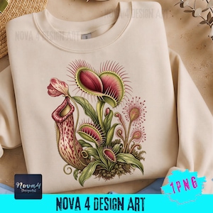 Op de afbeelding: Een crèmekleurig sweatshirt met ronde hals en een gedetailleerde botanische illustratie van diverse vleesetende planten, waaronder een Venusvliegenvanger, een bekerplant en zonnedauw, in levendige groen-, rood- en rozetinten op de voorzijde.