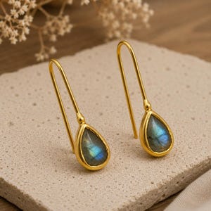 Peut inclure: Une paire de boucles d'oreilles pendantes dorées avec des pierres de labradorite en forme de goutte. Chaque boucle possède un long crochet incurvé relié à une monture en métal doré lisse et poli contenant la pierre grise et bleue irisée.