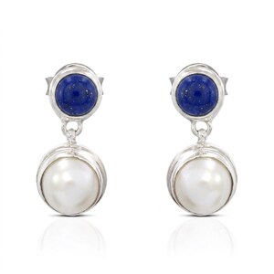 Boucles d'oreilles en perles de lapis-lazuli, boucles d'oreilles pendantes en pierre précieuse bleue, argent sterling plaqué or, cadeau pour elle
