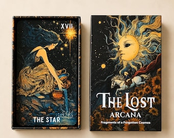 May include: A tarot deck box and card titled The Lost Arcana: Fragments of a Forgotten Cosmos. The box features a large sun, a rider on a white horse, and sunflowers. The card shows a figure pouring water from a jug under a star, labeled The Star XVII.