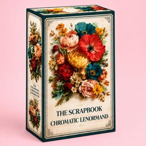 May include: A rectangular box for The Scrapbook Chromatic Lenormand deck, featuring a cream-colored background with a vibrant floral arrangement of red, yellow, pink, and teal flowers. The text reads The Scrapbook Chromatic Lenormand in black.
