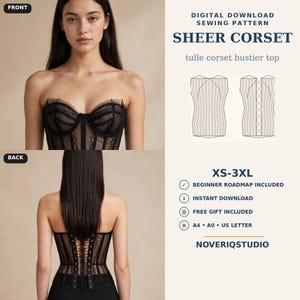 May include: A digital sewing pattern for a sheer tulle corset bustier top, labeled XS-3XL. The image displays front and back views of the black corset, featuring vertical boning, a sweetheart neckline, and a lace-up back closure by NOVERIQSTUDIO.