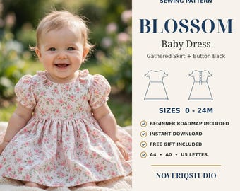 Könnte beinhalten: Ein digitales Schnittmuster für ein Babykleid mit dem Titel BLOSSOM. Das Modell verfügt über einen gerafften Rock und einen geknöpften Rücken für die Größen 0-24M. Enthält eine Anleitung für Anfänger, Sofort-Download und A4, A0, US-Letter-Formate.