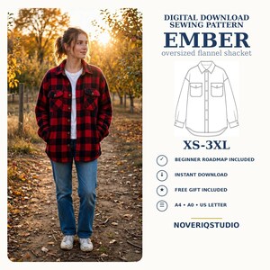 Flannel Shacket Sewing Pattern XS-3XL, Oversized Shirt Jacket, Plaid Fall Jacket Pattern