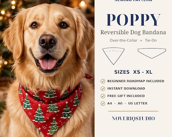 Könnte beinhalten: Ein digitales Schnittmuster für ein wendbares Poppy-Hundebandana aus rotem Stoff mit grünen Weihnachtsbäumen. Der Text enthält Digital Download Sewing Pattern, Over-the-Collar + Tie-On, Sizes XS-XL und Noveriqstudio.