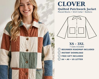 Könnte beinhalten: Ein digitales Schnittmuster zum Download für eine Clover gesteppte Patchworkjacke mit zusammengesetzten Blöcken, Hemdkragen und Knöpfen. Enthält die Größen XS bis 3XL, eine Anleitung für Anfänger sowie Formate für A4, A0 und US Letter.