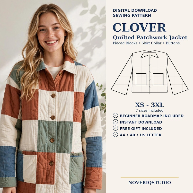 May include: A digital download sewing pattern for a Clover quilted patchwork jacket with pieced blocks, a shirt collar, and buttons. The pattern includes sizes XS to 3XL, a beginner roadmap, and formats for A4, A0, and US letter paper sizes.