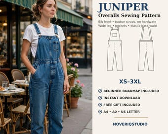 Könnte beinhalten: Ein digitales Schnittmuster für Juniper Latzhosen mit Latz, Knopfriemen, weiten Beinen, Taschen und elastischem Rückenteil. Das Muster umfasst die Größen XS-3XL, einen Anfänger-Leitfaden sowie Dateien für A4, A0 und US Letter Formate.