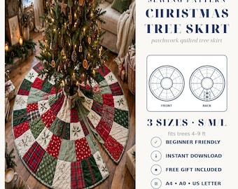 Könnte beinhalten: Ein digitales Schnittmuster für eine Patchwork-gesteppte Weihnachtsbaumdecke. Die kreisförmige Decke zeigt rote, grüne und weiße Stoffquadrate mit Weihnachtsmotiven. Text beinhaltet: DIGITAL DOWNLOAD SEWING PATTERN CHRISTMAS TREE SKIRT, 3 SIZES S M L, fits trees 4-9 ft, BEGINNER FRIENDLY, INSTANT DOWNLOAD, FREE GIFT INCLUDED, A4 A0 US LETTER, NOVERIQSTUDIO.