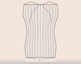 Könnte beinhalten: Eine Strichzeichnung eines trägerlosen Korsett-Oberteils mit vertikalen Paneelen und strukturierten Cups. Der Text NOVERIQSTUDIO erscheint oben rechts, und der Text SHEER CORSET longline tulle cups back lacing steht unten.