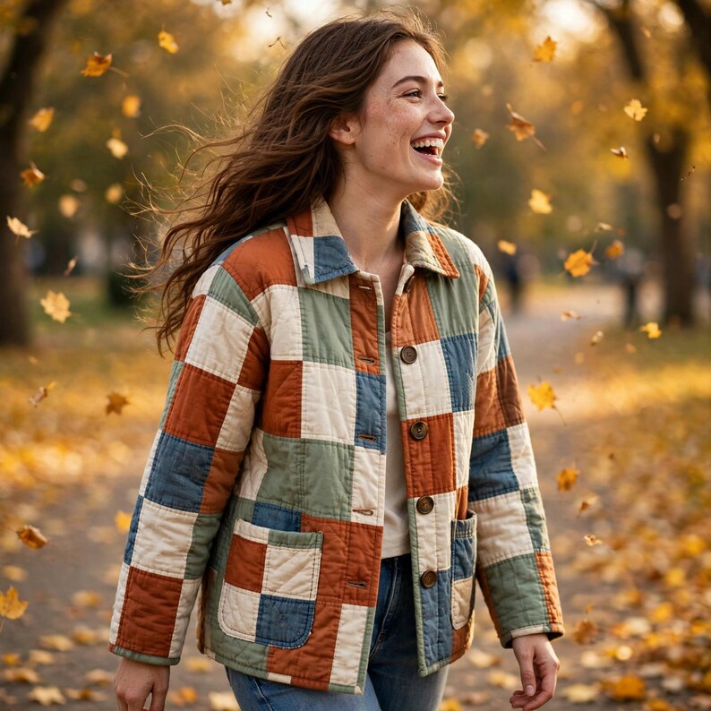 May include: A long-sleeve quilted jacket featuring a patchwork pattern of square blocks in muted shades of rust orange, sage green, cream, and slate blue. The jacket has a classic collar, a front button closure, and two front patch pockets.