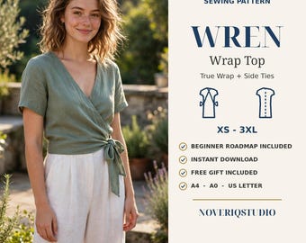 Könnte beinhalten: Digitales Schnittmuster zum Download für das Wren Wickeloberteil. Das Design umfasst eine echte Wickeloptik mit seitlichen Bindebändern in den Größen XS bis 3XL. Enthält Anfänger-Roadmap, Sofort-Download, Gratisgeschenk sowie A4, A0 und US-Letter-Formate von Noveriqstudio.