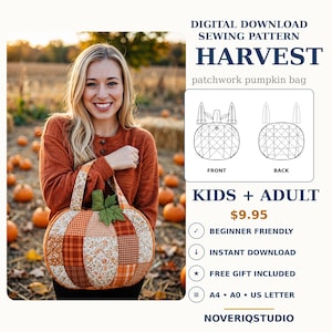 Op de afbeelding: Een digitaal naaipatroon voor een patchwork pompoentas genaamd HARVEST. Het ontwerp toont een ronde, doorgestikte tas met oranje en bruine stoffen vierkantjes, een groen stoffen blaadje en twee hengsels. Inclusief lijntekeningen van voor- en achterkant.