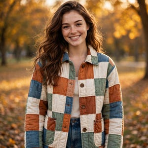 May include: A quilted jacket featuring a patchwork pattern of square blocks in muted shades of rust orange, sage green, and off-white. The jacket has a classic collar, a front button closure with brown buttons, and two front patch pockets.