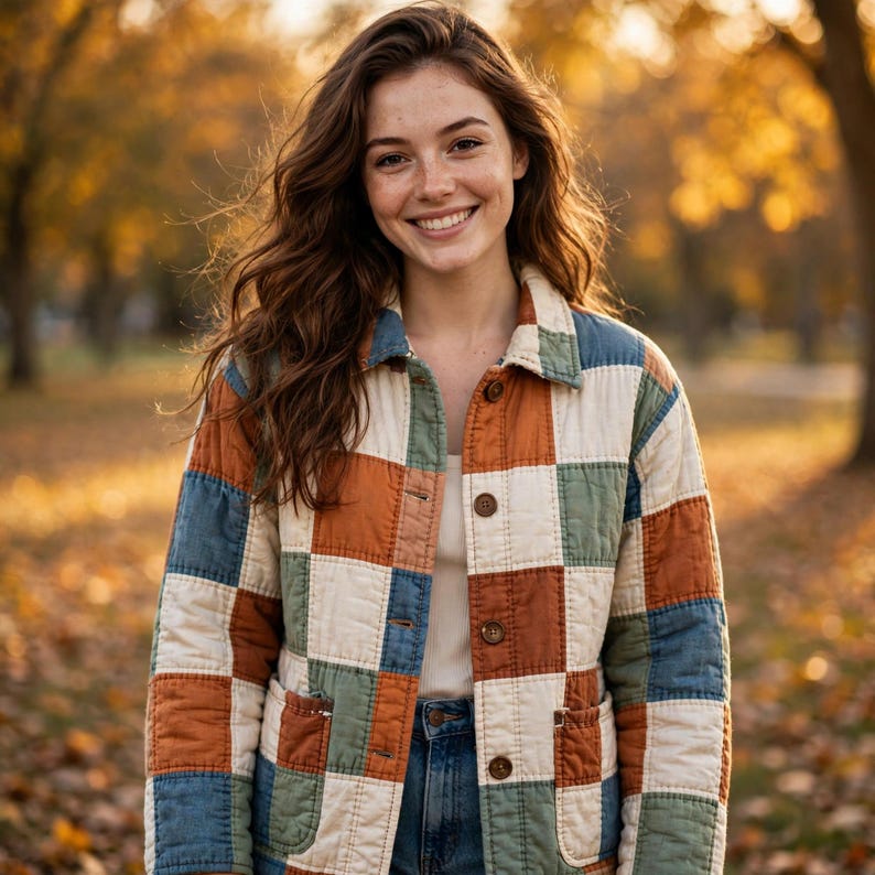 May include: A quilted jacket featuring a patchwork pattern of square blocks in muted shades of rust orange, sage green, and off-white. The jacket has a classic collar, a front button closure with brown buttons, and two front patch pockets.