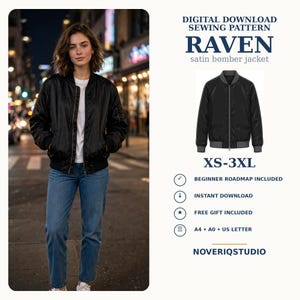 Patrón de costura para chaqueta bomber (tallas XS-3XL), chaqueta satinada con cremallera, patrón para principiantes de estilo urbano.