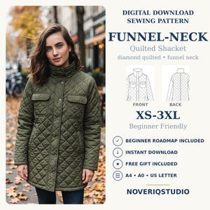 Peut inclure: Un patron de couture numérique pour une veste matelassée à col cheminée. L'image affiche le texte DIGITAL DOWNLOAD SEWING PATTERN, FUNNEL-NECK, XS-3XL et NOVERIQSTUDIO. Elle inclut des croquis du devant et du dos de la veste olive.