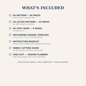 May include: A digital sewing pattern information sheet titled WHAT'S INCLUDED. It lists an A4 pattern with 66 pages, a US letter pattern with 55 pages, an A0 copy shop pattern with 6 pages, a patchwork square template, an instruction booklet, a fabric cutting guide, and a free sewing planner. Sizes XS-3XL are nested with colour-coded lines.