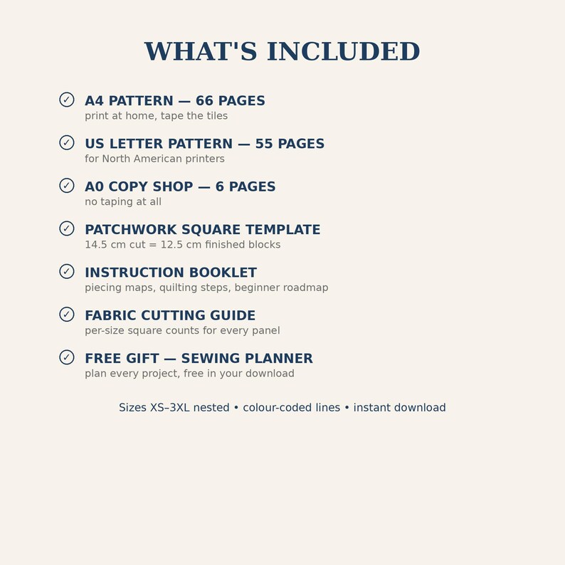 May include: A digital sewing pattern information sheet titled WHAT'S INCLUDED. It lists an A4 pattern with 66 pages, a US letter pattern with 55 pages, an A0 copy shop pattern with 6 pages, a patchwork square template, an instruction booklet, a fabric cutting guide, and a free sewing planner. Sizes XS-3XL are nested with colour-coded lines.