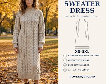 Könnte beinhalten: Digitales Schnittmuster zum Download für ein Pulloverkleid. Das Bild zeigt ein beiges Zopfstrick-Pulloverkleid mit Stehkragen und langen Ärmeln. Text beinhaltet: DIGITAL DOWNLOAD SEWING PATTERN, SWEATER DRESS, XS-3XL, NOVERIQSTUDIO.