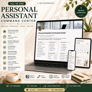 Może przedstawiać: Cyfrowy szablon centrum dowodzenia asystenta osobistego wyświetlany na laptopie, tablecie i smartfonie. Interfejs zawiera sekcje dla klientów, zadań, podróży i rozliczeń. Tekst zawiera "Personal Assistant Command Center".