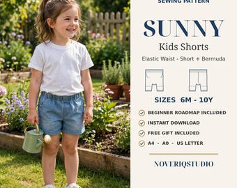 Könnte beinhalten: Ein digitales Schnittmuster für Sunny Kinder-Shorts mit elastischem Bund, inklusive kurzer und Bermuda-Stile für die Größen 6M bis 10J. Enthält eine Anleitung für Anfänger, Sofort-Download, Geschenk und A4, A0, US Letter Formate.