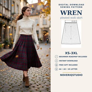 Pleated Skirt Pattern XS-3XL, Midi Pleated Skirt Sewing Pattern PDF, Tartan Fall Skirt