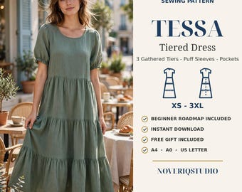 Könnte beinhalten: Ein salbeigrünes Stufenkleid mit Puffärmeln und Taschen. Das digitale Schnittmuster trägt den Titel TESSA Tiered Dress und umfasst die Größen XS bis 3XL, eine Anleitung für Anfänger sowie Dateien in den Formaten A4, A0 und US Letter.