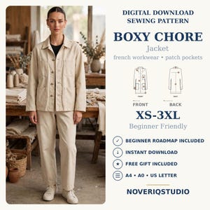 Può includere: Cartamodello digitale per una giacca da lavoro boxy con tasche applicate. Include disegni tecnici del davanti e del retro, taglie dalla XS alla 3XL, formati A4, A0 e US Letter. Testo: Digital Download Sewing Pattern, Boxy Chore Jacket, Beginner Friendly, Noveriqstudio.