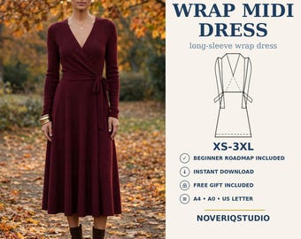 Könnte beinhalten: Ein digitales Schnittmuster zum Herunterladen für ein langärmeliges Wickelkleid in Midi-Länge in den Größen XS-3XL. Das Bild zeigt ein kastanienbraunes Wickelkleid mit V-Ausschnitt und Bindegürtel, eine technische Skizze und den Text NOVERIQSTUDIO.