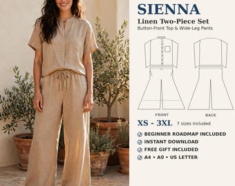 Könnte beinhalten: Ein digitales Schnittmuster für ein beiges Leinen-Zweiteiler-Set namens Sienna, bestehend aus einem Oberteil mit Knopfleiste und einer weiten Hose. Das Bild enthält technische Strichzeichnungen von Vorder- und Rückseite, Größen XS-3XL sowie A4, A0 und US Letter.