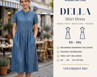 Könnte beinhalten: Ein digitales Schnittmuster zum Download für das Della Hemdkleid mit durchgehender Knopfleiste, Stehkragen und Taschen. Erhältlich in den Größen XS bis 3XL, inklusive Anfänger-Leitfaden, Sofort-Download sowie A4-, A0- und US-Letter-Formaten.