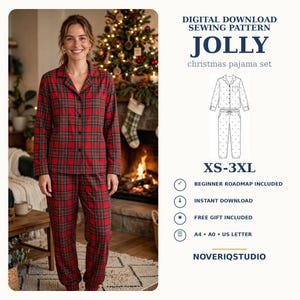 May include: A digital sewing pattern for a Jolly Christmas pajama set, featuring a red and green plaid long-sleeve button-down shirt and matching pants. The text includes Digital Download Sewing Pattern, Jolly, XS-3XL, and Noveriqstudio.