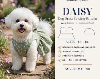 Könnte beinhalten: Ein digitales Schnittmuster zum Herunterladen für ein Hundekleid mit dem Titel DAISY. Das Muster umfasst ein Wickeloberteil und einen gerafften Rock, erhältlich in den Größen XS bis XL. Enthält eine Anleitung für Anfänger, Sofort-Download, Gratisgeschenk sowie A4-, A0- und US-Letter-Formate von NOVERIQSTUDIO.