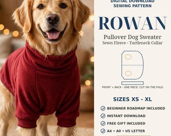 Könnte beinhalten: Ein Golden Retriever trägt einen dunkelroten Fleece-Pullover für Hunde mit Rollkragen. Der Text lautet: DIGITAL DOWNLOAD SEWING PATTERN ROWAN Pullover Dog Sweater Sewn Fleece - Turtleneck Collar SIZES XS - XL.