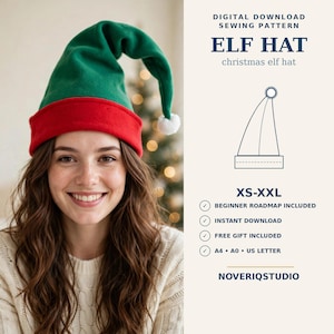 May include: A digital download sewing pattern for an elf hat, featuring text that reads: DIGITAL DOWNLOAD SEWING PATTERN ELF HAT christmas elf hat XS-XXL BEGINNER ROADMAP INCLUDED INSTANT DOWNLOAD FREE GIFT INCLUDED A4 A0 US LETTER NOVERIQSTUDIO.