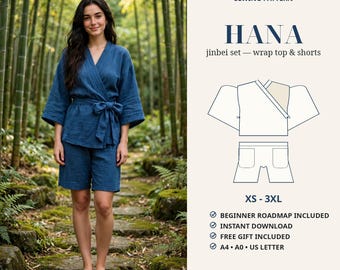 Könnte beinhalten: Ein digitales Schnittmuster für ein Hana Jinbei-Set, bestehend aus einem Wickeloberteil und Shorts. Das Schnittmuster umfasst die Größen XS bis 3XL und enthält eine Anleitung für Anfänger, Sofort-Download sowie A4, A0 und US-Letter-Formate.