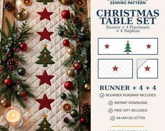 Könnte beinhalten: Ein digitales Schnittmuster für ein Weihnachts-Tischset bestehend aus einem Läufer, vier Platzsets und vier Servietten. Das Bild zeigt einen gesteppten Tischläufer mit grünen Tannenbaum- und roten Sternapplikationen.