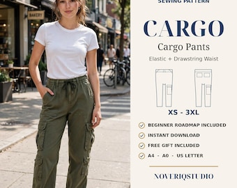 Könnte beinhalten: Ein digitales Schnittmuster für Cargohosen mit elastischem Bund und Kordelzug. Die Grafik enthält den Text DIGITAL DOWNLOAD SEWING PATTERN, CARGO Cargo Pants, XS - 3XL, NOVERIQSTUDIO sowie Strichzeichnungen der Hose.