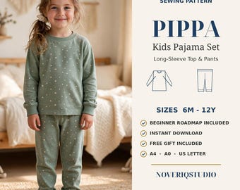 Könnte beinhalten: Ein digitales Schnittmuster für das Pippa Kinder-Pyjama-Set, bestehend aus einem langärmeligen Oberteil und einer Hose in Salbeigrün mit weißem Sternenmuster. Der Text enthält Digital Download Sewing Pattern, Sizes 6M-12Y und Noveriqstudio.