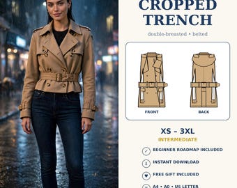 Könnte beinhalten: Ein digitales Schnittmuster für einen kurzen Trenchcoat von NOVERIQSTUDIO. Das Design ist zweireihig mit Gürtel und in den Größen XS bis 3XL erhältlich. Das Schnittmuster enthält einen Anfänger-Leitfaden, Sofort-Download sowie A4, A0 und US-Letter-Formate.