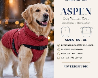 Könnte beinhalten: Ein digitales Schnittmuster für einen Aspen Hundewintermantel mit Stehkragen und Geschirrschlitz. Der Text enthält Digital Download Sewing Pattern, Aspen Dog Winter Coat, Stand Collar + Harness Slot, Sizes XS - XL und Noveriqstudio.