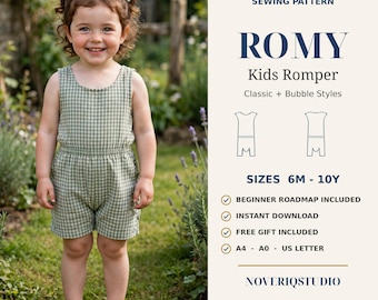 Könnte beinhalten: Ein digitales Schnittmuster für einen Romy Kinder-Strampler in klassischen und Bubble-Stilen, Größen 6M bis 10Y. Der Text enthält Digital Download Sewing Pattern, Romy Kids Romper, Classic + Bubble Styles, Sizes 6M-10Y, Beginner Roadmap Included, Instant Download, Free Gift Included, A4-A0-US Letter und Noveriqstudio.