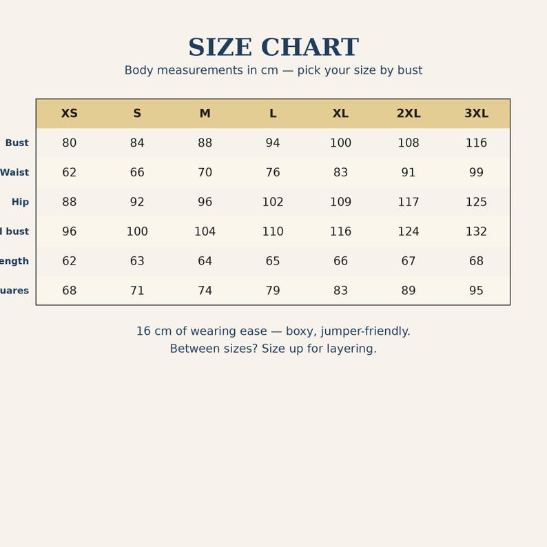 May include: A size chart table with the title SIZE CHART and the subtitle Body measurements in cm &mdash; pick your size by bust. The table lists sizes XS through 3XL with corresponding measurements for bust, waist, hip, full bust, length, and squares.